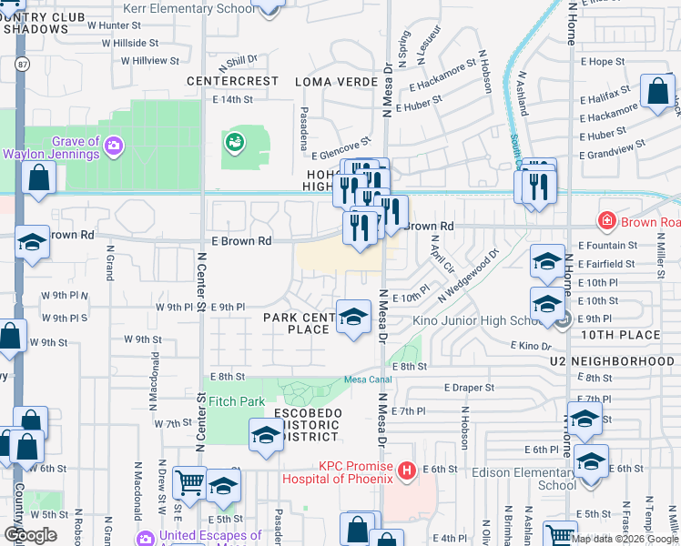 map of restaurants, bars, coffee shops, grocery stores, and more near 1101 North Pasadena in Mesa