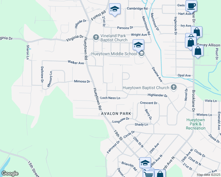 map of restaurants, bars, coffee shops, grocery stores, and more near 108 Highlander Drive in Hueytown