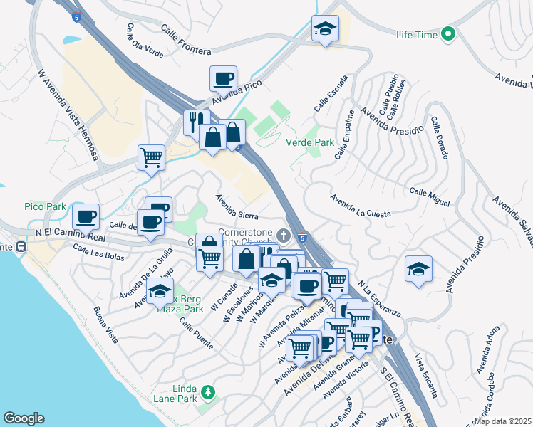 map of restaurants, bars, coffee shops, grocery stores, and more near 311 Avenida Sierra in San Clemente