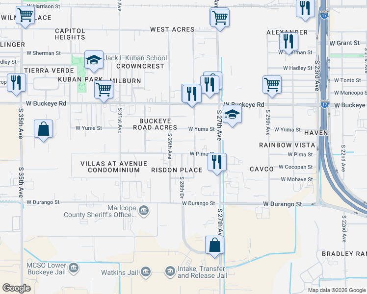 map of restaurants, bars, coffee shops, grocery stores, and more near 2820 W Pima St in Phoenix