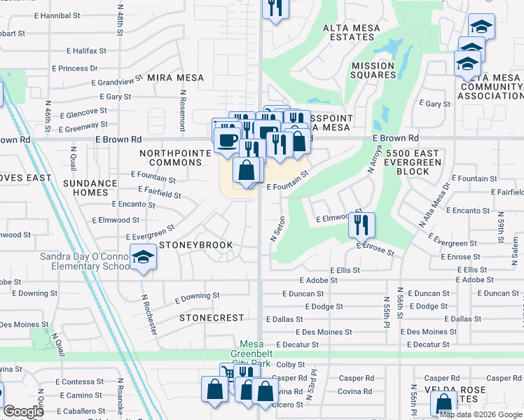 map of restaurants, bars, coffee shops, grocery stores, and more near 5210 East Elmwood Circle in Mesa