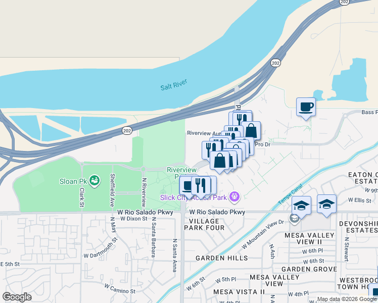 map of restaurants, bars, coffee shops, grocery stores, and more near 2025 Riverview Auto Dr in Mesa