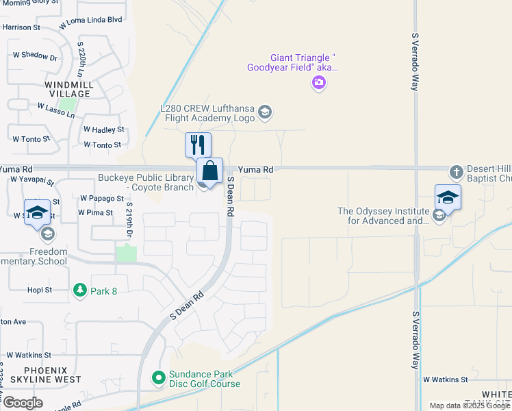 map of restaurants, bars, coffee shops, grocery stores, and more near 21596 West Sonora Street in Buckeye