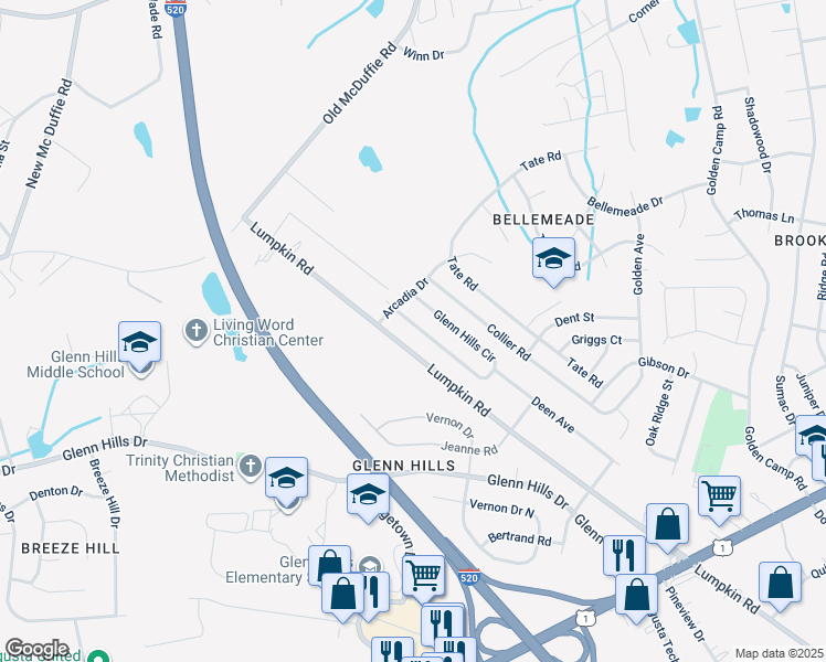map of restaurants, bars, coffee shops, grocery stores, and more near 2869A Glenn Hills Circle in Augusta