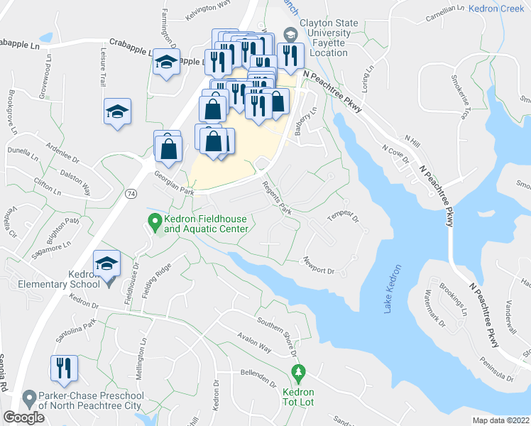 map of restaurants, bars, coffee shops, grocery stores, and more near 205 Albemarle Lane in Peachtree City