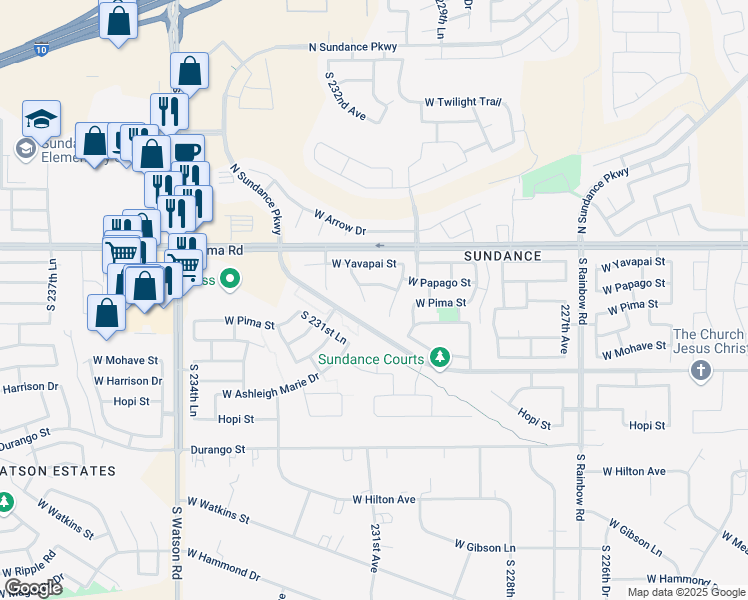 map of restaurants, bars, coffee shops, grocery stores, and more near 1421 South 231st Lane in Buckeye