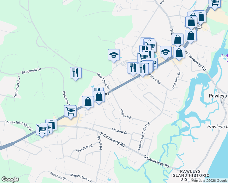 map of restaurants, bars, coffee shops, grocery stores, and more near 9842 Ocean Highway in Pawleys Island