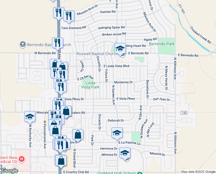 map of restaurants, bars, coffee shops, grocery stores, and more near 3015 Futura Drive in Roswell