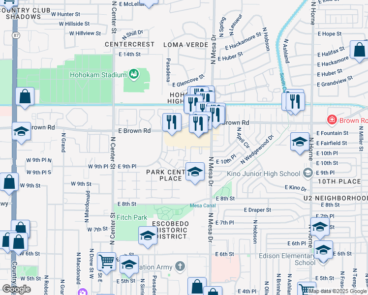 map of restaurants, bars, coffee shops, grocery stores, and more near 1001 North Pasadena in Mesa