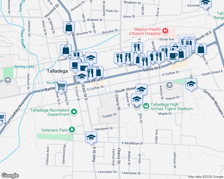 map of restaurants, bars, coffee shops, grocery stores, and more near 210 East Street South in Talladega