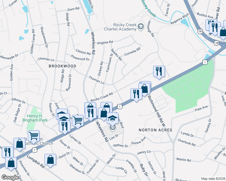 map of restaurants, bars, coffee shops, grocery stores, and more near 2909 Rocky Creek Road in Augusta