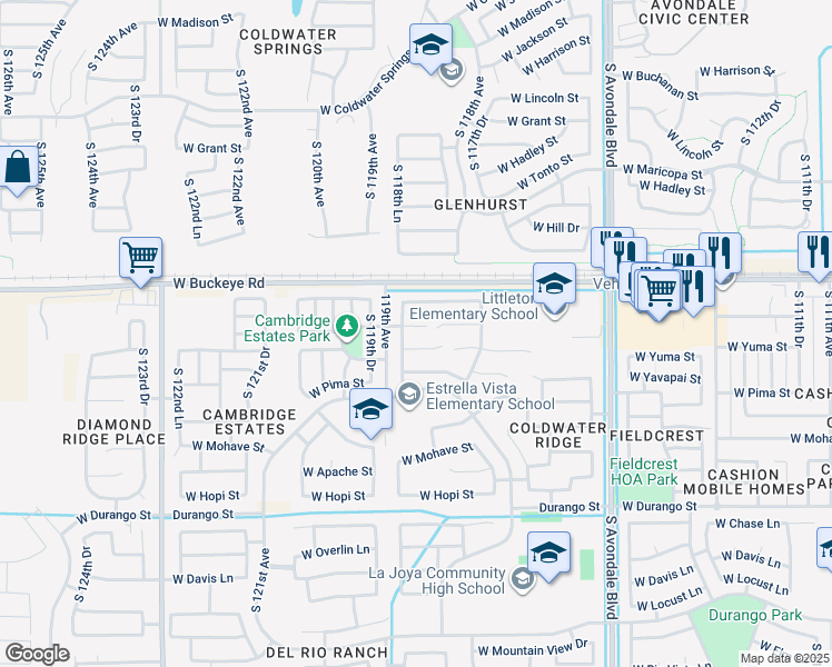 map of restaurants, bars, coffee shops, grocery stores, and more near 11830 West Flanagan Street in Avondale