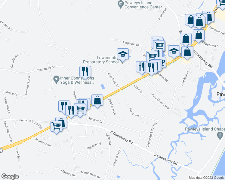 map of restaurants, bars, coffee shops, grocery stores, and more near 9753 Ocean Highway in Pawleys Island