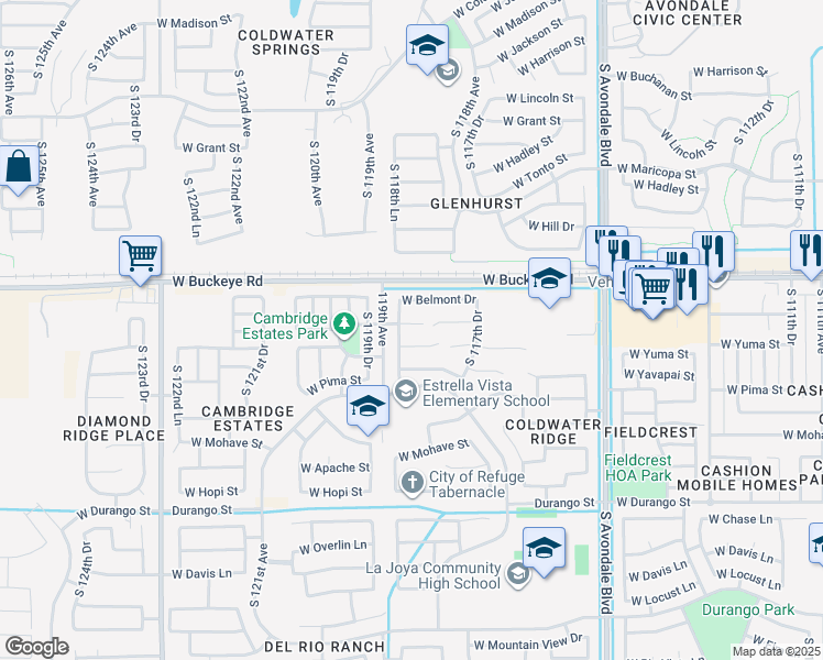 map of restaurants, bars, coffee shops, grocery stores, and more near 11830 West Flanagan Street in Avondale