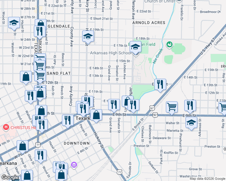 map of restaurants, bars, coffee shops, grocery stores, and more near 1021 Senator Street in Texarkana