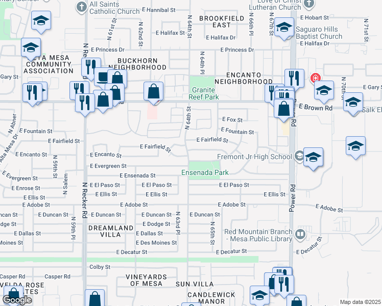 map of restaurants, bars, coffee shops, grocery stores, and more near 6406 East Elmwood Street in Mesa