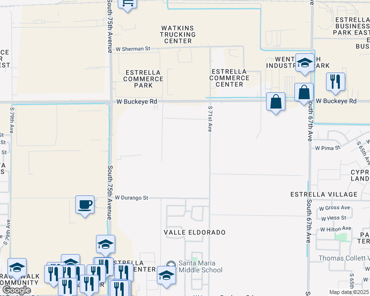 map of restaurants, bars, coffee shops, grocery stores, and more near 1500 South 71st Avenue in Phoenix