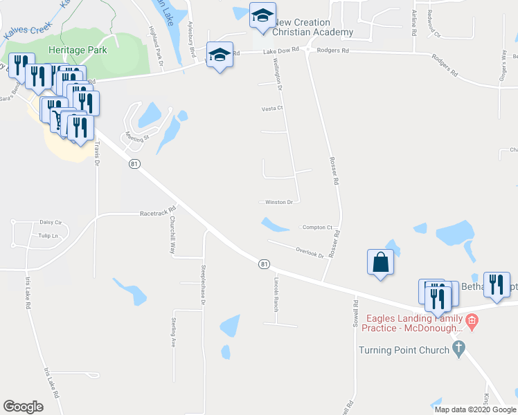 map of restaurants, bars, coffee shops, grocery stores, and more near 230 Winston Drive in McDonough