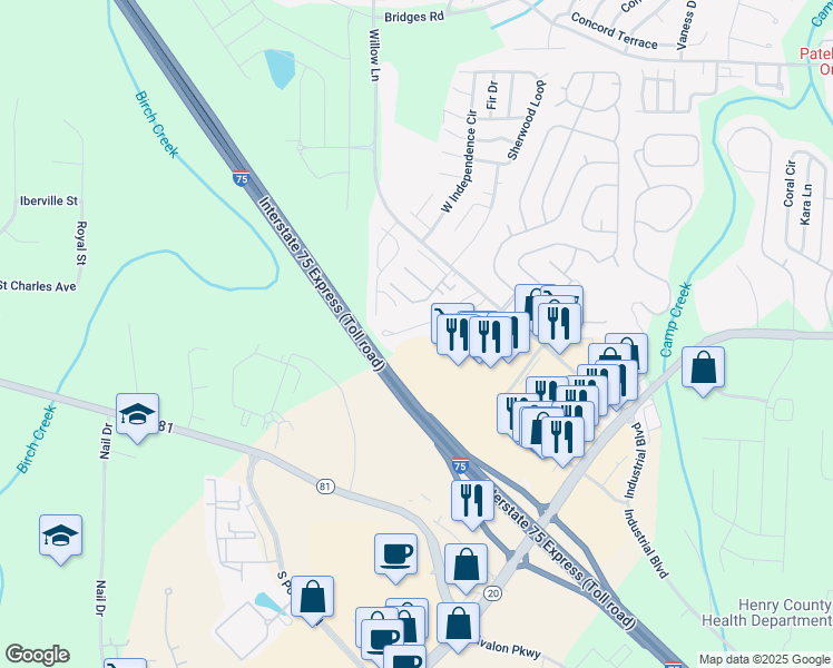 map of restaurants, bars, coffee shops, grocery stores, and more near 600 Willow Chase Drive in McDonough