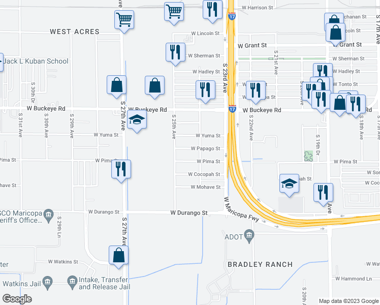 map of restaurants, bars, coffee shops, grocery stores, and more near 2419 West Papago Street in Phoenix