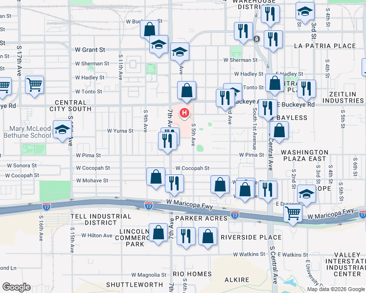 map of restaurants, bars, coffee shops, grocery stores, and more near 1405 South 7th Avenue in Phoenix