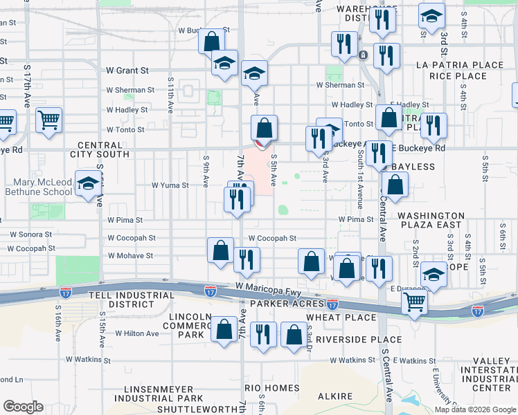 map of restaurants, bars, coffee shops, grocery stores, and more near 1405 South 7th Avenue in Phoenix