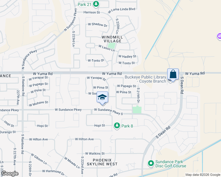 map of restaurants, bars, coffee shops, grocery stores, and more near 22166 West Sonora Street in Buckeye