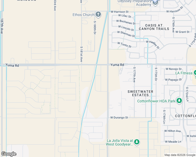 map of restaurants, bars, coffee shops, grocery stores, and more near 17937 West Yuma Road in Goodyear