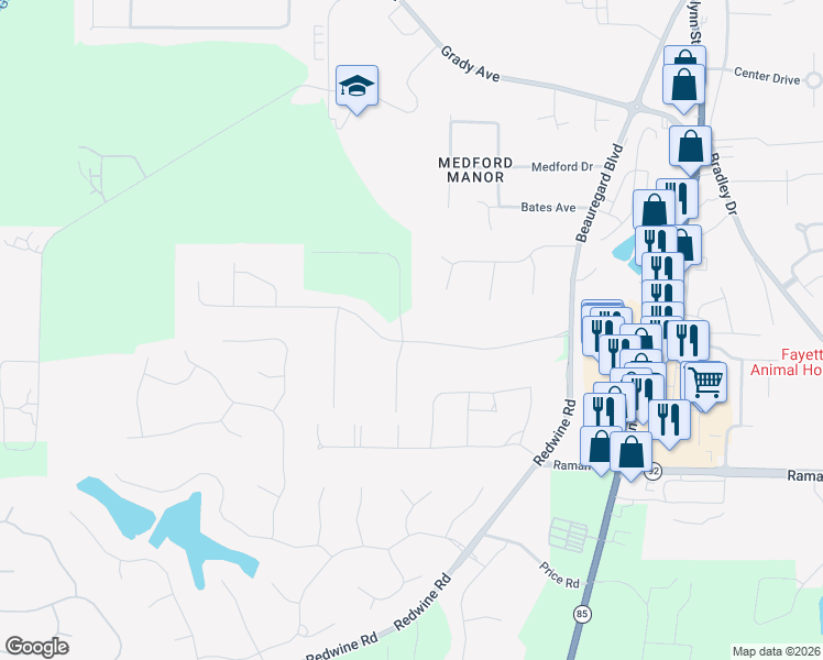 map of restaurants, bars, coffee shops, grocery stores, and more near 225 Hunters Glen in Fayetteville