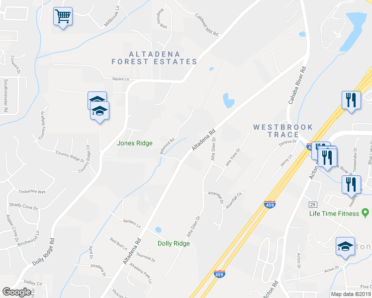 map of restaurants, bars, coffee shops, grocery stores, and more near 2686 Altadena Road in Vestavia Hills