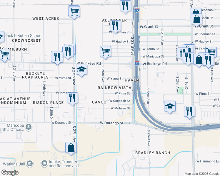 map of restaurants, bars, coffee shops, grocery stores, and more near 2424 West Pima Street in Phoenix
