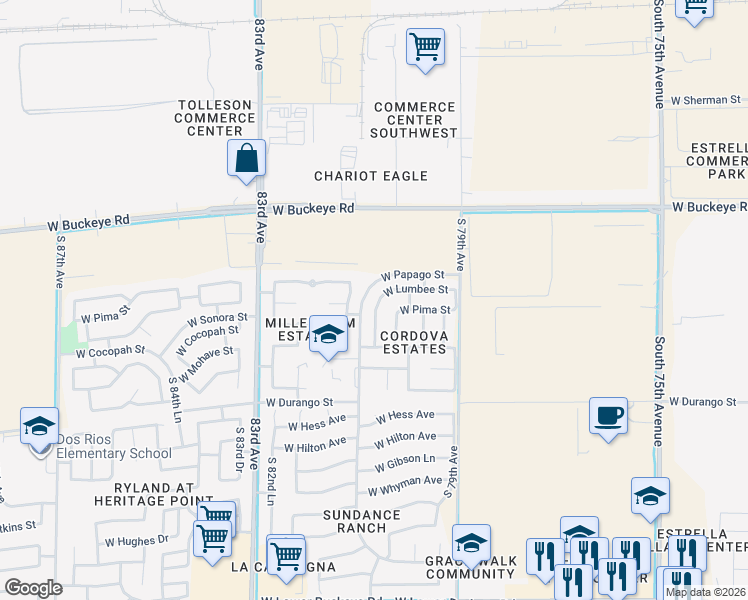 map of restaurants, bars, coffee shops, grocery stores, and more near 1521 South 80th Lane in Phoenix