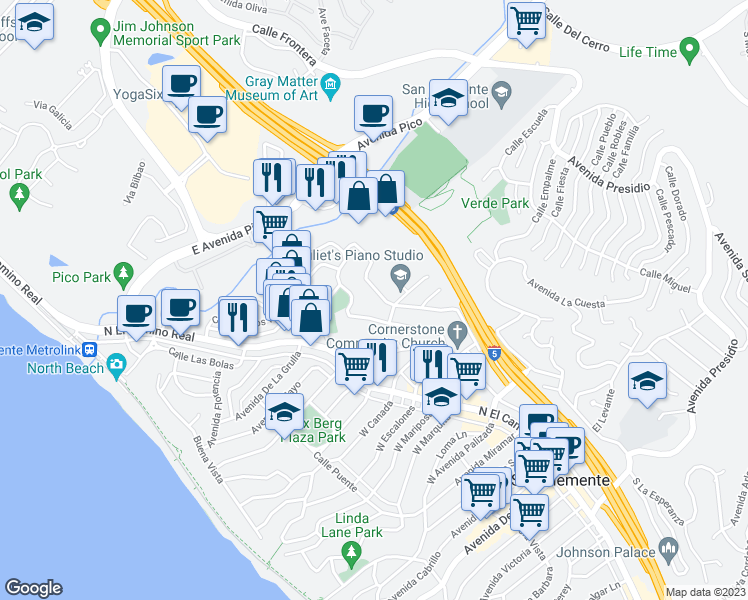 map of restaurants, bars, coffee shops, grocery stores, and more near 1216 Avenida de la Estrella in San Clemente