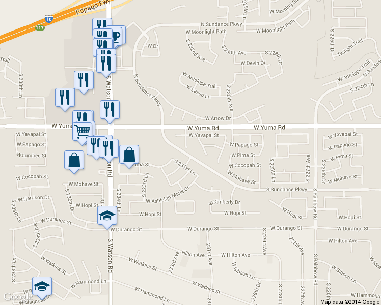 map of restaurants, bars, coffee shops, grocery stores, and more near 1395 South 232nd Avenue in Buckeye