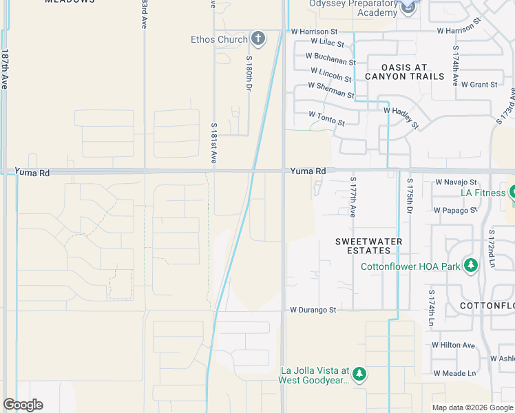 map of restaurants, bars, coffee shops, grocery stores, and more near 17937 West Yuma Road in Goodyear