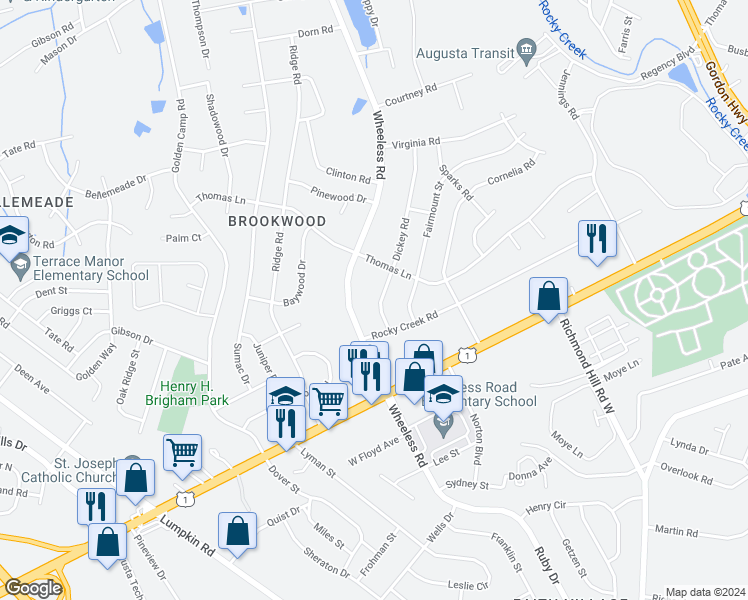 map of restaurants, bars, coffee shops, grocery stores, and more near 2441 Dickey Road in Augusta