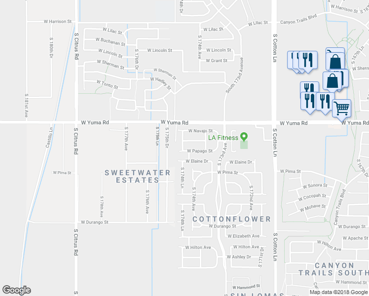 map of restaurants, bars, coffee shops, grocery stores, and more near 17462 West Papago Street in Goodyear