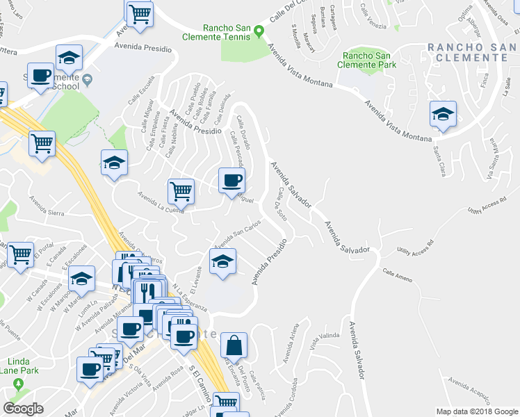 map of restaurants, bars, coffee shops, grocery stores, and more near 600 Avenida Presidio in San Clemente