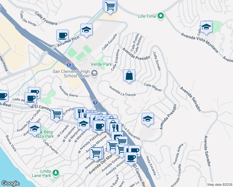 map of restaurants, bars, coffee shops, grocery stores, and more near 160 Avenida De La Paz in San Clemente