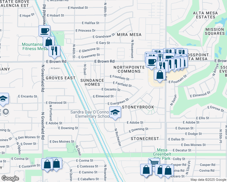 map of restaurants, bars, coffee shops, grocery stores, and more near 4837 East Encanto Street in Mesa