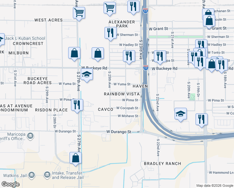 map of restaurants, bars, coffee shops, grocery stores, and more near 2424 West Pima Street in Phoenix