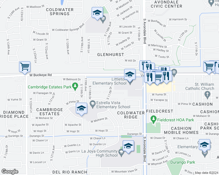 map of restaurants, bars, coffee shops, grocery stores, and more near 11751 West Joblanca Road in Avondale