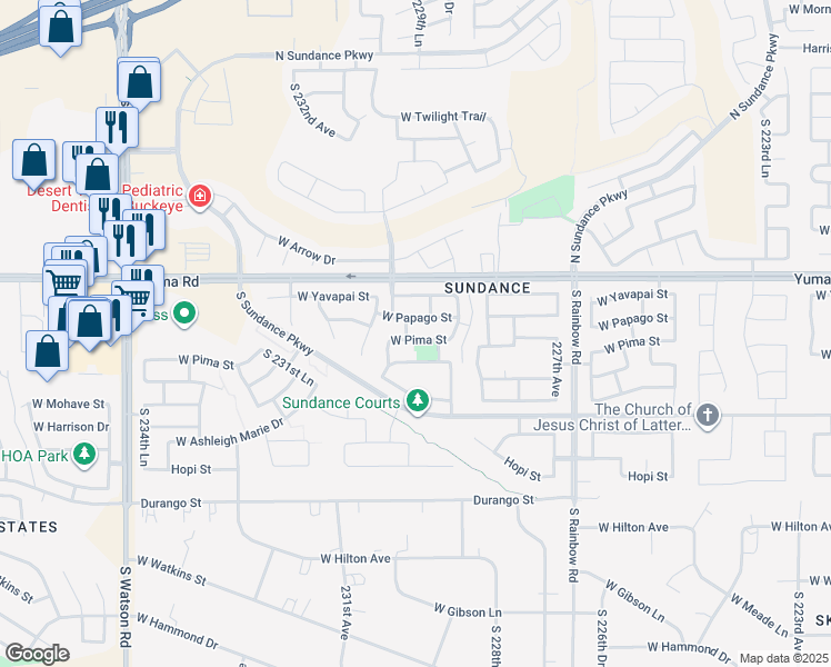 map of restaurants, bars, coffee shops, grocery stores, and more near 22993 West Pima Street in Buckeye