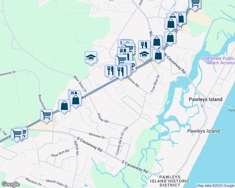 map of restaurants, bars, coffee shops, grocery stores, and more near 143 Crane Drive in Pawleys Island