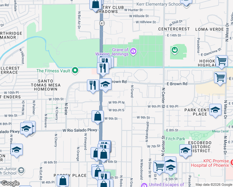 map of restaurants, bars, coffee shops, grocery stores, and more near 315 West 10th Place in Mesa