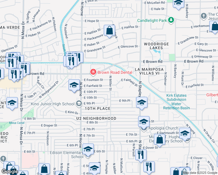 map of restaurants, bars, coffee shops, grocery stores, and more near 958 East 10th Place in Mesa