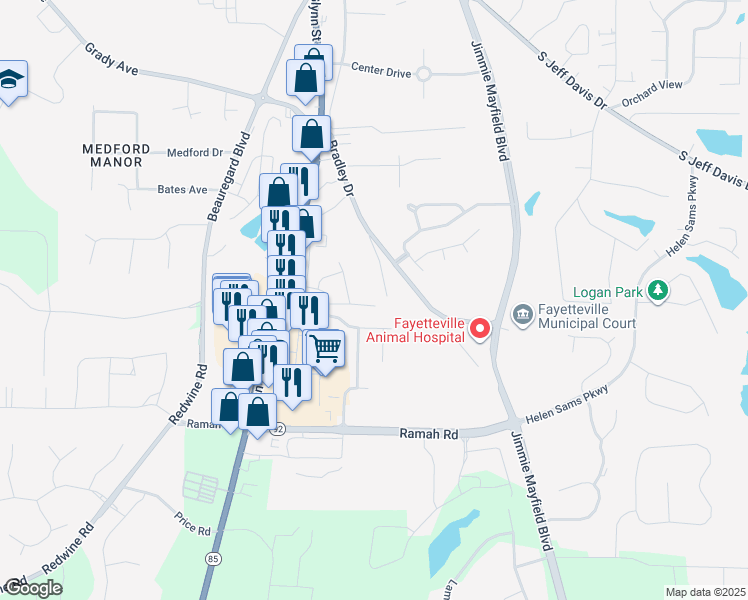 map of restaurants, bars, coffee shops, grocery stores, and more near 765 Fayetteville in Fayetteville