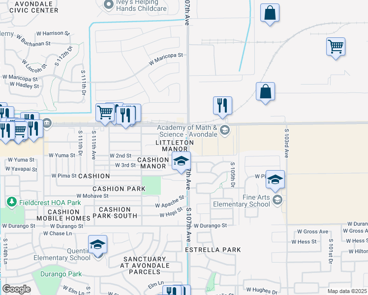 map of restaurants, bars, coffee shops, grocery stores, and more near 1313 South 107th Drive in Avondale