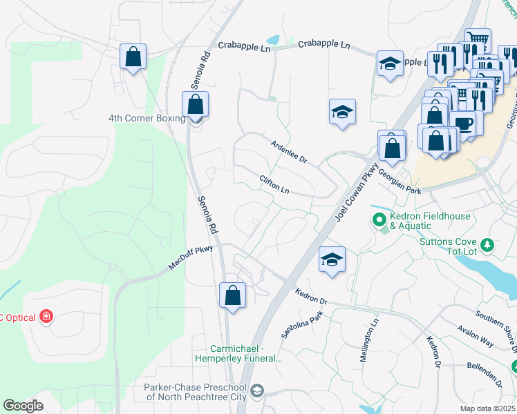 map of restaurants, bars, coffee shops, grocery stores, and more near 202 Belvedere Green in Peachtree City