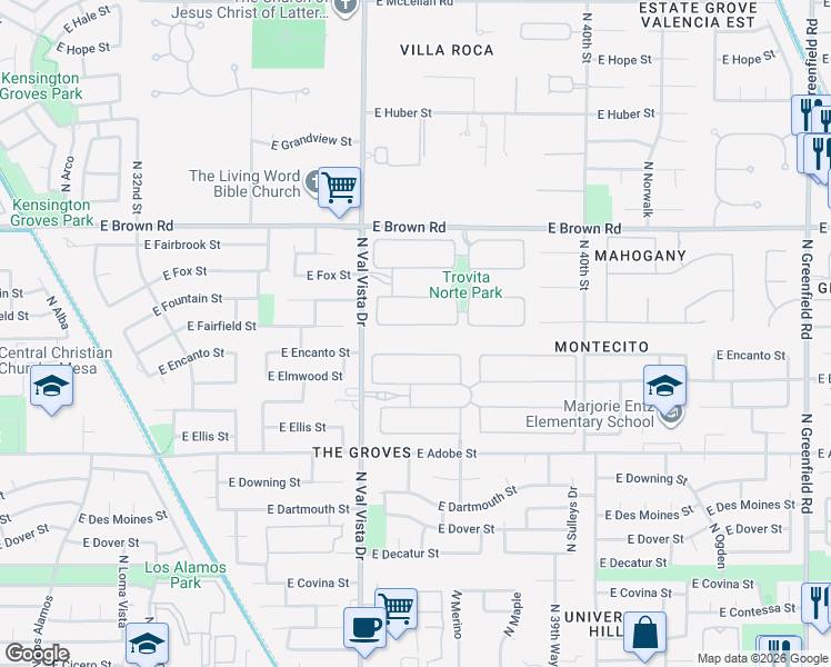 map of restaurants, bars, coffee shops, grocery stores, and more near 3710 East Encanto Street in Mesa